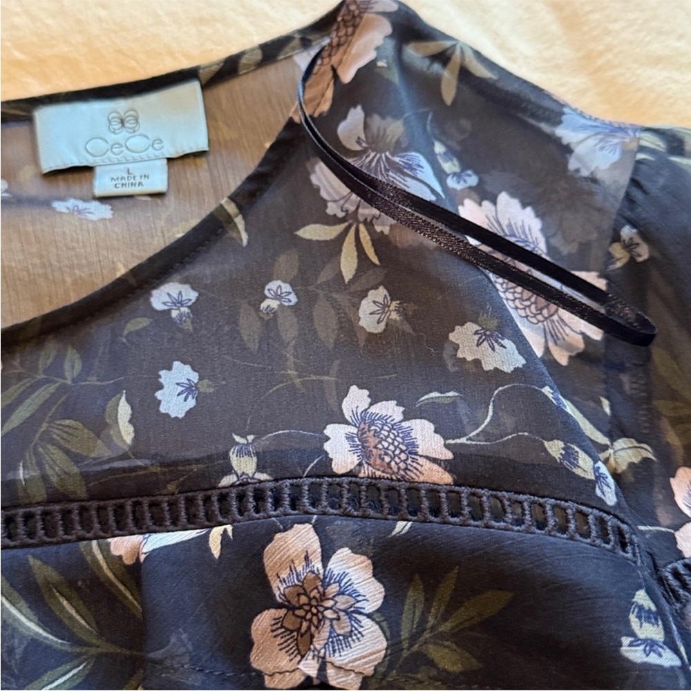 CeCe Black Floral Ruffle Bell-Sleeve Blouse - Picture 3 of 8